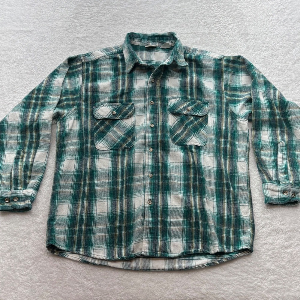 Vintage Five Brother Mens XL USA Green White Plaid Long Sleeve Cotton Flannel